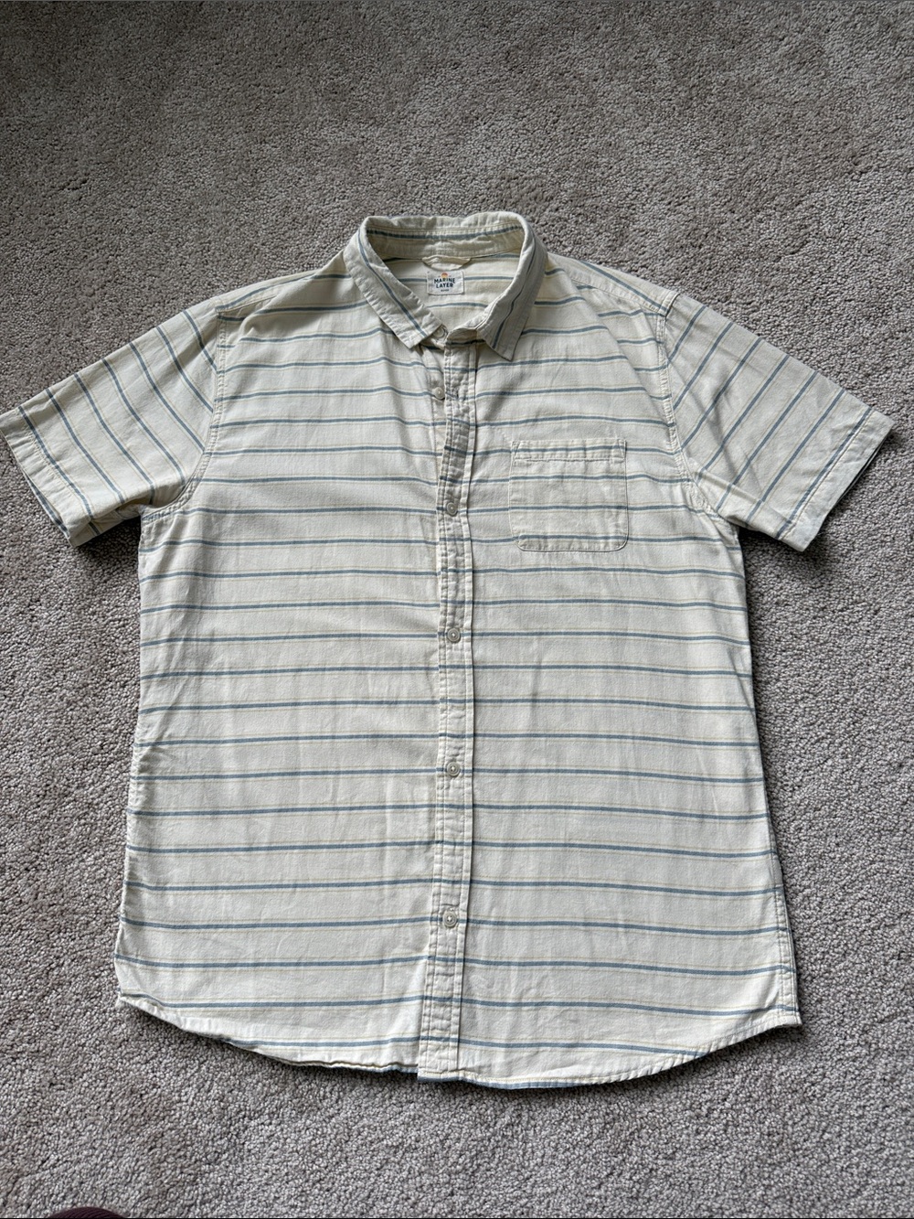 Marine Layer Short Sleeve Button Down Stripe Cream Blue Cotton Shirt